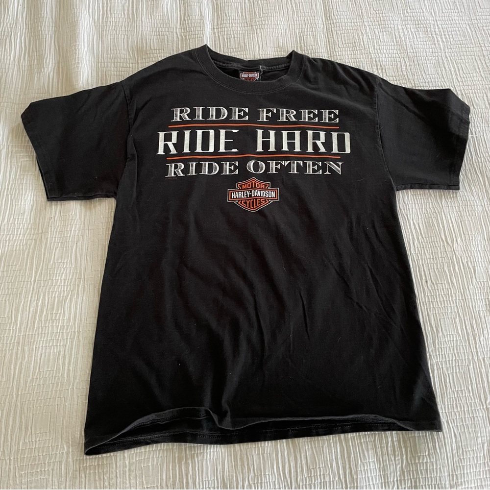 Harley Davidson Ride Hard Ride Often Graphic Tee with White and Orange Text